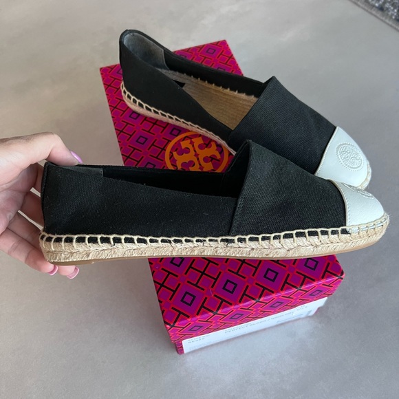 Tory Burch espadrilles black canvas slipon leather cap toe 7 slides miller Reva - Picture 3 of 6